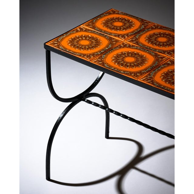 Orange French Mid-Century Orange Ceramic Tile and Wrought Iron Side Table From Vallauris For Sale - Image 8 of 9