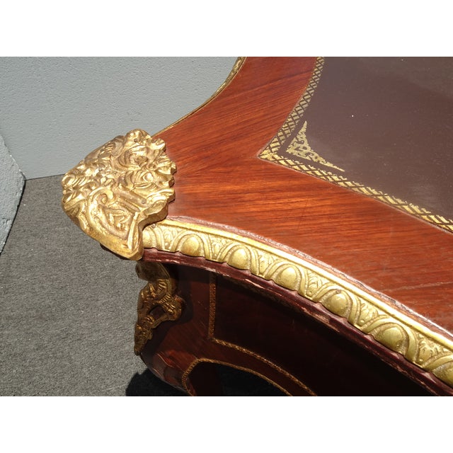 Vintage French Louis XV Bureau Plat Writing Desk Ornate Brass Ormolu Leather Top For Sale - Image 12 of 16