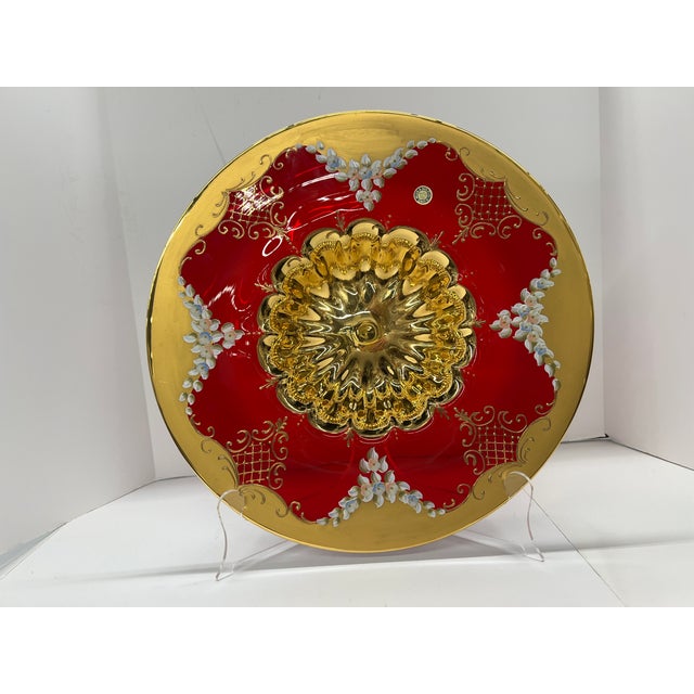 Murano Italy Hand Formed Painted Floral and Gold Plate / Bowl / Art Glass - Signed For Sale - Image 12 of 13