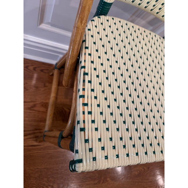Wood Set of 2 Rattan and Woven Vinyl French Bistro Stools by Glac Seat - Soft White and Hunter Green For Sale - Image 7 of 16
