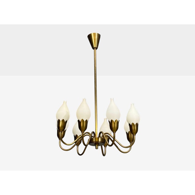 1950s Mid-Century Modern Fog & Mørup, Tulip Chandelier, Opal Glass, Brass For Sale - Image 4 of 12