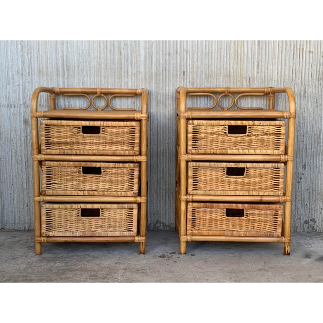 About Midcentury pair of bamboo and rattan nightstands with three drawers Streamline stick rattan side table nightstand ,...