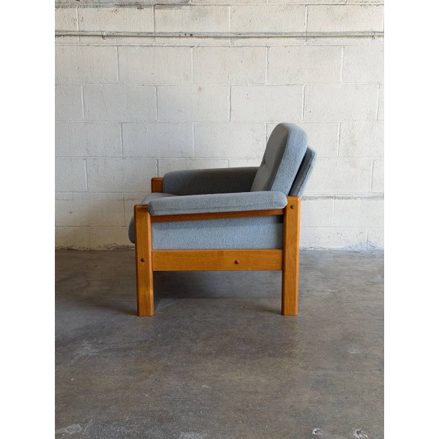 Wood Teak Blue Lounge Chair Fabric Upholstered Armchair Wooden Living Room Seating Denmark 1980s For Sale - Image 7 of 9