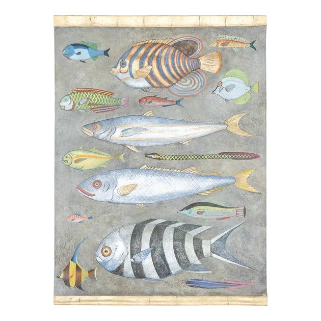 French Artist, Scene with Fish, Painted Canvas For Sale