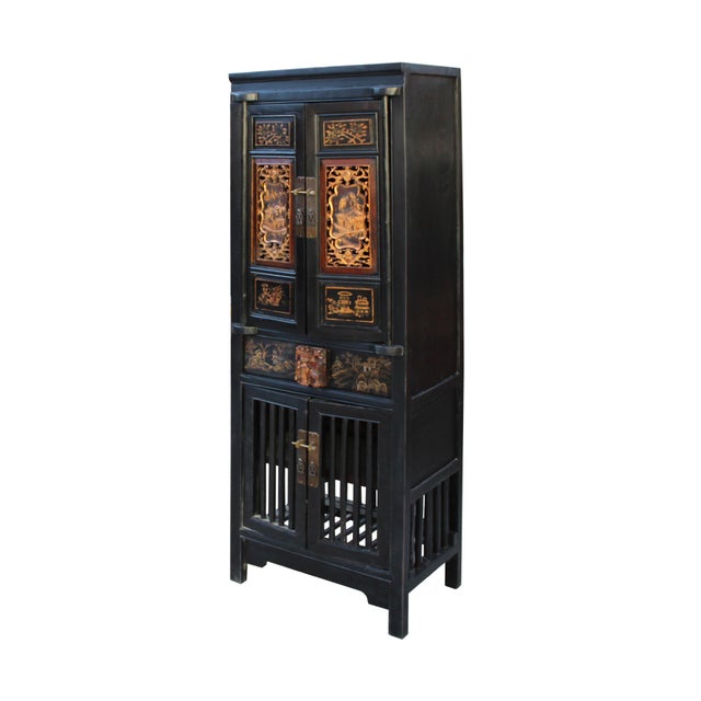 Chinese Black Golden Carving Narrow Wood Storage Wardrobe ...
