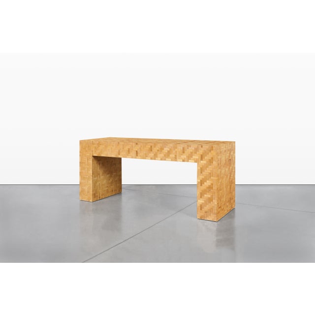 Vintage Postmodern Bamboo Parquet Waterfall Console Table For Sale - Image 9 of 13
