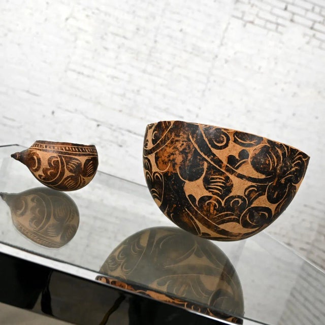 Mid to Late 20th Century South American Tribal Gourd Bowls Hand Carved Floral Details a Pair For Sale - Image 4 of 12
