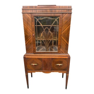 1930s Art Deco Waterfall Walnut China Cabinet Curio Display For Sale