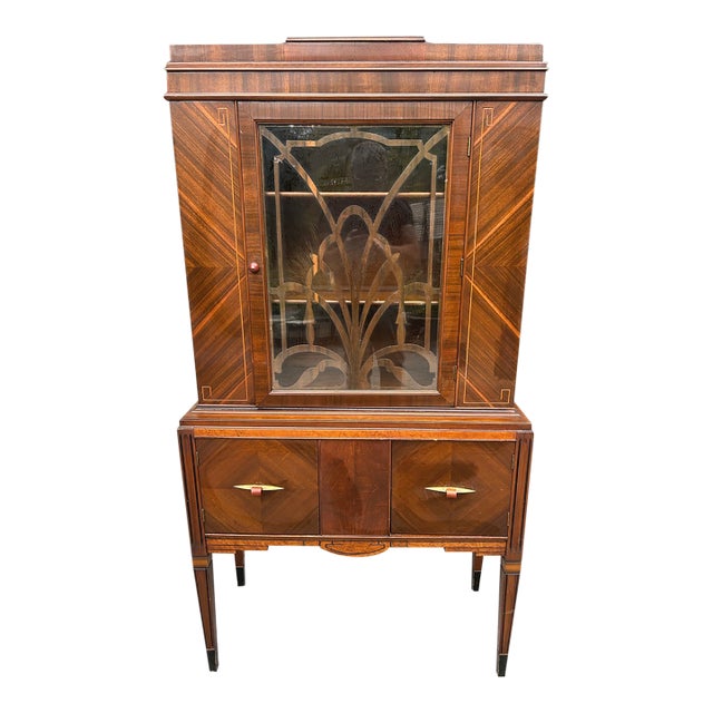 1930s Art Deco Waterfall Walnut China Cabinet Curio Display For Sale