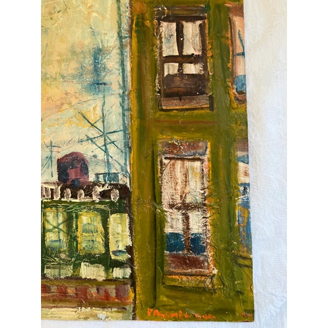 Heavily impasto oil painting of the San Francisco Bay Bridge from the city side. The deep bold colors of this...