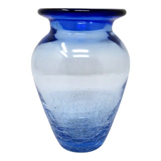 Blenko Blue Crackle Glass Vase For Sale