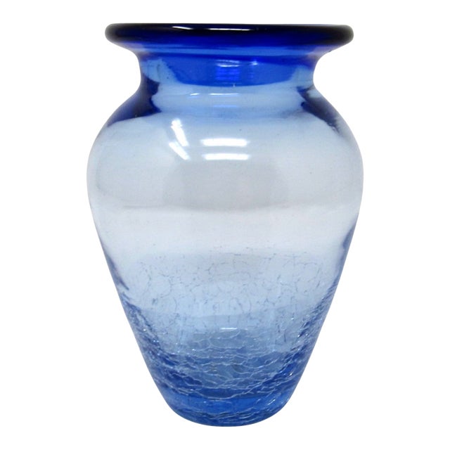 Blenko Blue Crackle Glass Vase For Sale