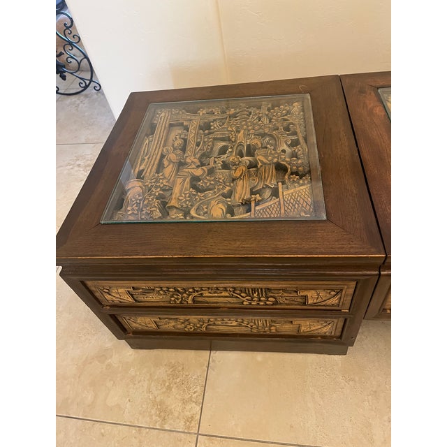 Vintage South East Asian Hand-Carved Five-Drawer Coffee Table With 3 Piece Glass Top Insets For Sale - Image 10 of 12