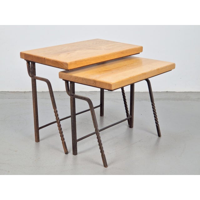 Brutalist Brutalist Cast Iron and Oak Nesting Tables, 1970s, Set of 2 For Sale - Image 3 of 16