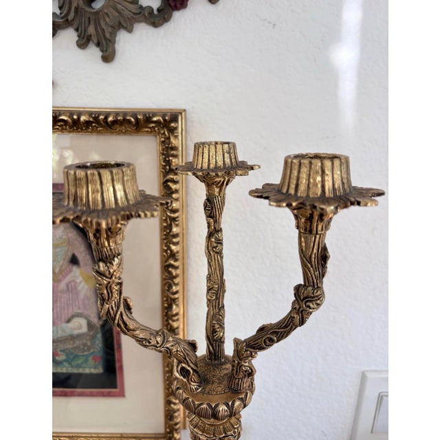 Pair of Vintage Ornate Brass 3-Arm Candelabra With Onyx Bases, 14” For Sale - Image 4 of 10