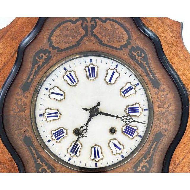 19th Century French Napoleon III Wall Clock, Enamel Face and Wood Marquetry Offered for sale is a 19th-century French...