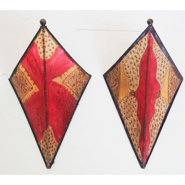 Vintage Moroccan Berber Hand-Painted Red Hide & Iron Wall Sconce Shade, 1980s For Sale - Image 10 of 10