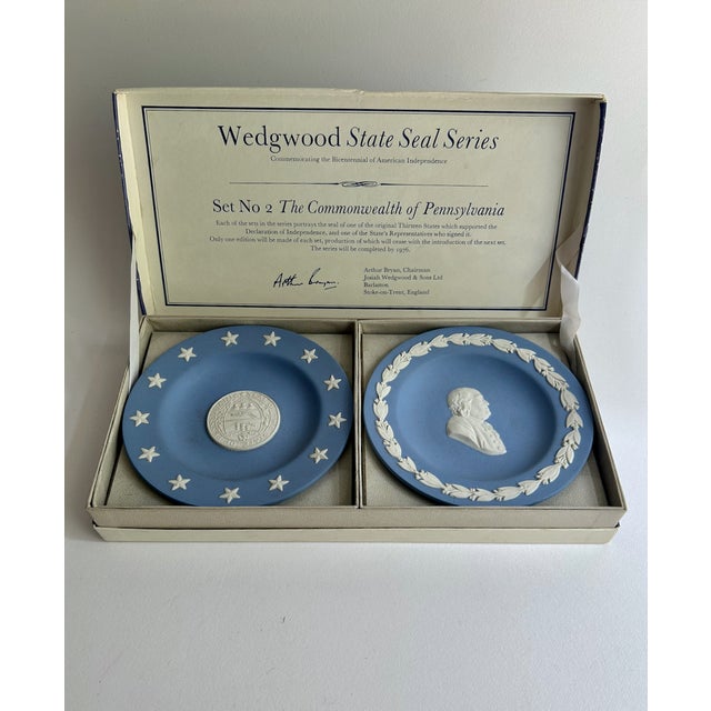 Boxed Set of Two Wedgwood State Seal Series Commemorative Commonwealth of Pennsylvania Blue & White Jasperware Plates....