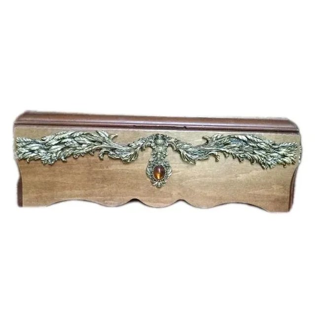 Brown Traditional Country Rustic Elegant Box: Solid Wood, Hinged Lid, Gold Tone Trim, Scalloped Walnut Ornamental Facial Tissue Napkin Holder Decor For Sale - Image 8 of 10