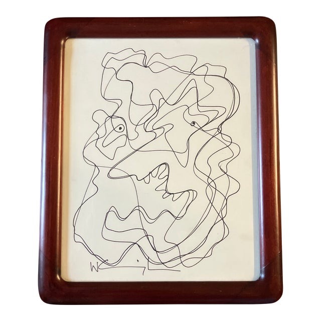 1980’s Original Wayne Cunningham Abstract Ink Drawing Vintage Rounded Corners Tabletop Wood Frame For Sale