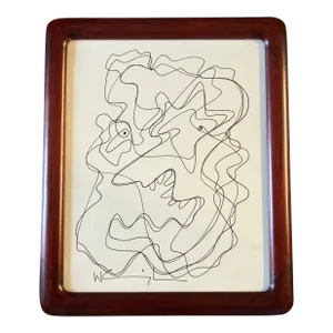1980’s Original Wayne Cunningham Abstract Ink Drawing Vintage Rounded Corners Tabletop Wood Frame