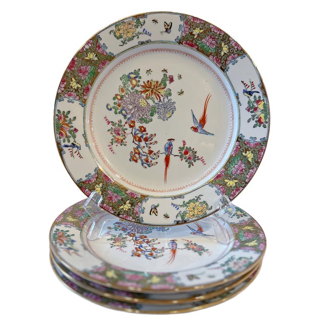 This is a beautiful collection of 4 mid century porcelain Asian Export Famille Rose, Tobacco Leaf style 10 inch dinner...