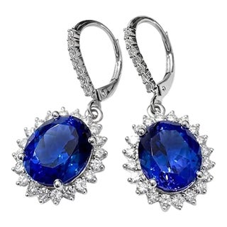 14k White Gold Oval Tanzanite Diamond Halo Earrings, 10.75 Ct Natural Tanzanites, A Pair For Sale