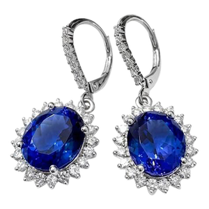 14k White Gold Oval Tanzanite Diamond Halo Earrings, 10.75 Ct Natural Tanzanites, A Pair
