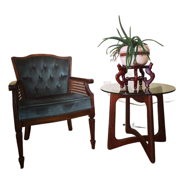 Vintage Cane Deep Emerald Green Velvet Barrel Chair For Sale