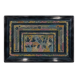 Vintage Mexican Olinalá-Style Black Lacquered Wood Folk Art Tray For Sale