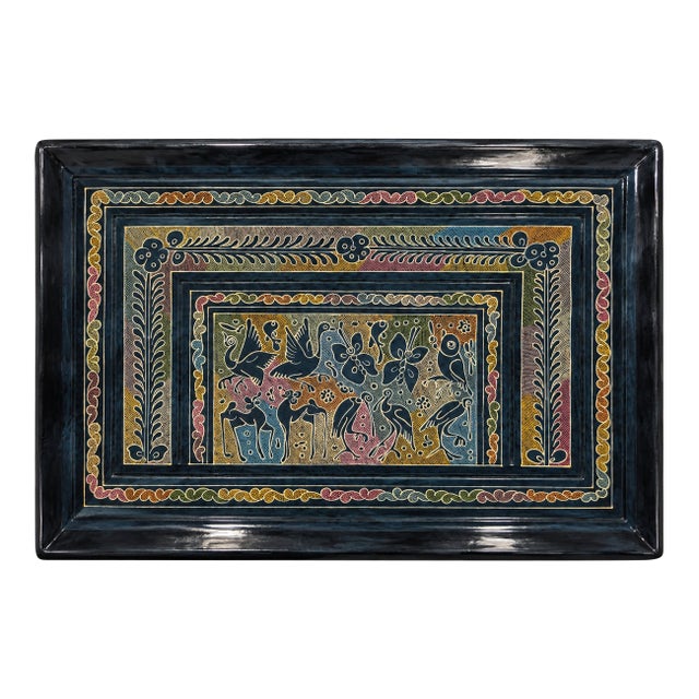 Vintage Mexican Olinalá-Style Black Lacquered Wood Folk Art Tray For Sale