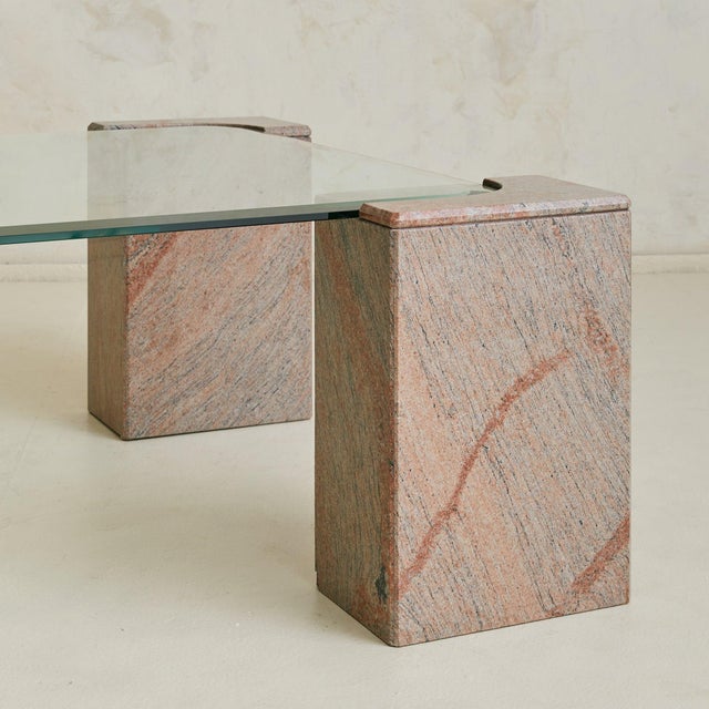 Modern Vintage Italian Pink Granite Coffee Table with Beveled Glass Top For Sale - Image 3 of 18