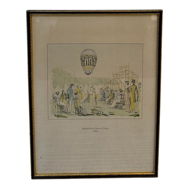 Vintage "Montgolfiere Lancee a Tivoli 1800" Colored Lithograph, Framed For Sale