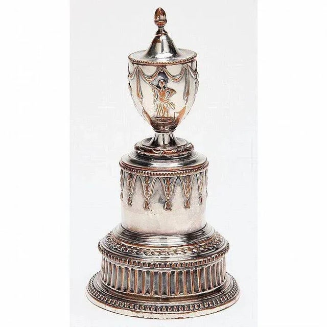 Antique 18th c. neoclassical old Sheffield plate three part inkwell in the form of an urn trophy. Includes inkwell, sander...