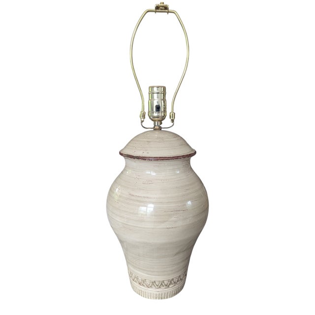 ** Will be Heavily Fragile Packed with Care 1960s Glazed Ceramic Pottery Table Lamp A Cream and Green-ish Greige Glaze...