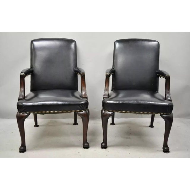Antique English Georgian Style Dark Green Leather Library Office Chairs - a Pair. Item features nail head trim, solid wood...
