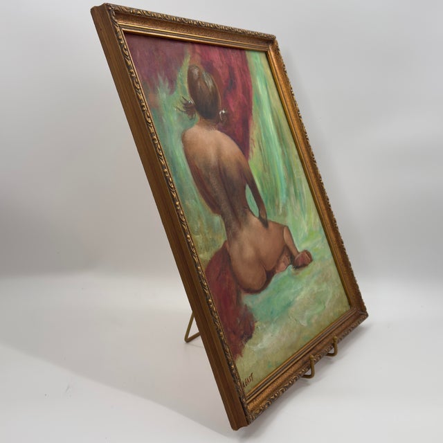 A vintage original oil painting on canvas depicting a seated female nude, viewed from behind. The artist’s treatment of...