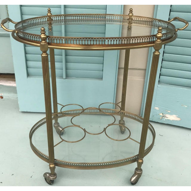 Brass Mid Century Brass Oval Serving Cart With Removable Gallery Tray Top and Bottle Rack For Sale - Image 8 of 8
