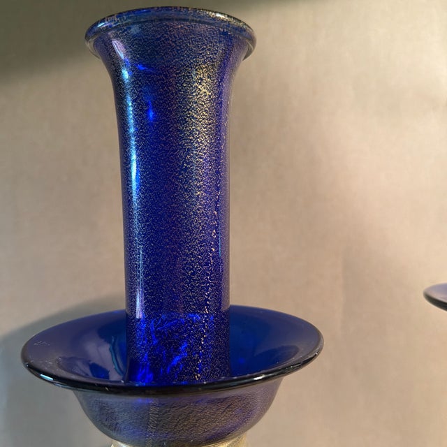 Vintage Murano Art Glass Large Blue and Gold Candlesticks Signed For Sale In New York - Image 6 of 7