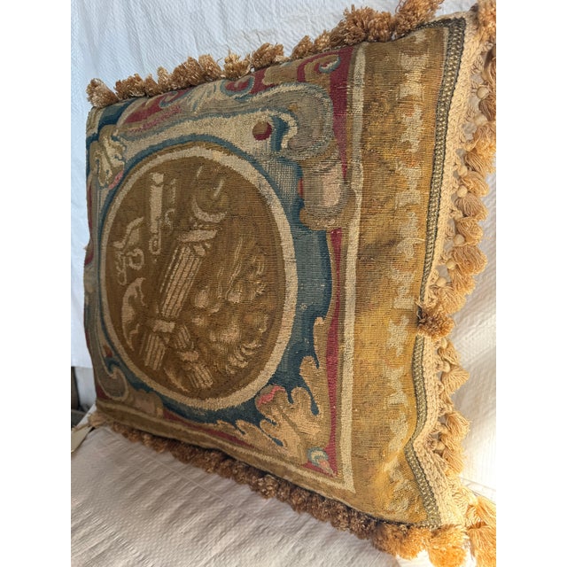 17th century Brussels silk and wool tapestry decorative pillow created from an authentic handwoven tapestry fragment...