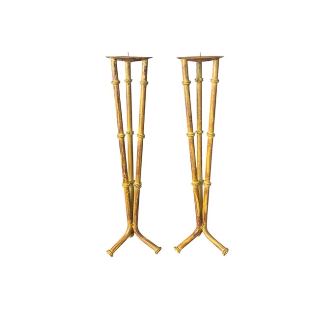 Hollywood Regency Pair Faux Bamboo Candle Holders For Sale - Image 3 of 4