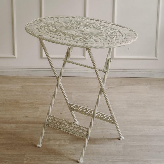 Folding Garden Seating Set with Openwork Ornamentation White Metal, Set of 3 For Sale - Image 4 of 15