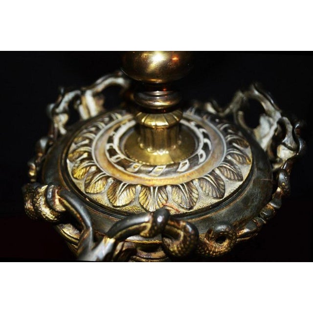 Gothic Revival Bronze Three-Handled Urn Table Lamp with Vianne Flame Shade For Sale - Image 9 of 18