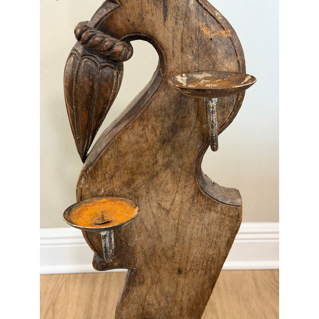 Vintage Indian Carved Wood Architectural Fragment on Iron Candle Stand For Sale - Image 4 of 12