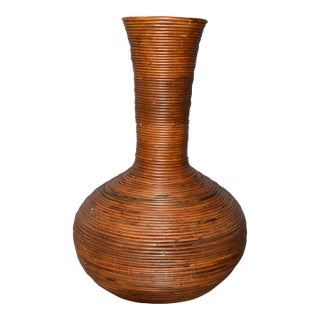 Large Bohemian Tan Pencil Reed Bamboo Handcrafted Tall Round Shape Floor Vase For Sale