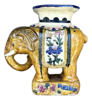 Vintage Regency Glazed Ceramic Elephant Low Stool
