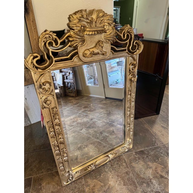 Large Baroque-Style Gilt Carved Lion Crest Mirror, 52” X 34” For Sale - Image 4 of 11