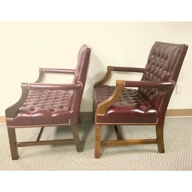 1970s Vintage Georgian Style Burgundy Leather Gainsborough Armchairs Tufted Chesterfield For Sale - Image 5 of 13