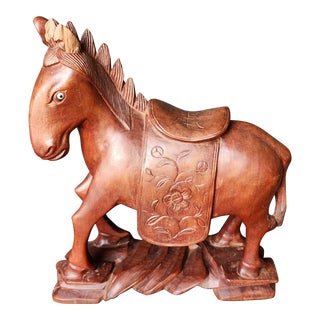 Vintage 1940s Chinese Folk Art Hand Carved Boxwood Horse For Sale