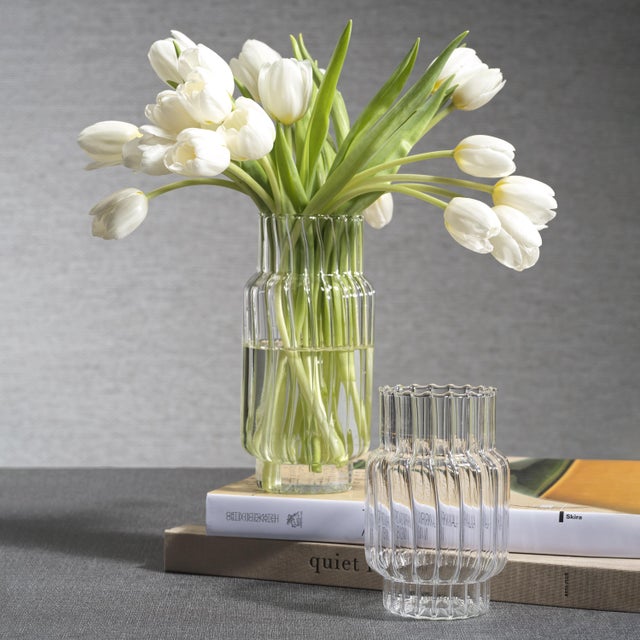 Mimo Clear Optic Glass Vases, Set of 2—A refined accent with a sculptural touch. Crafted from clear optic glass, these...